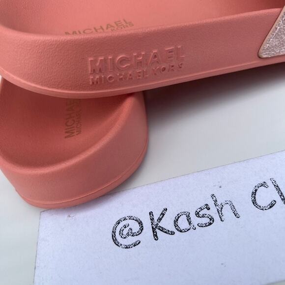 Michael Kors Brandy Metallic Striped Logo Slide Sandal Sherbert - Picture 4 of 6
